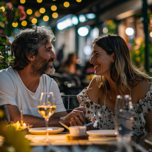 un cuplu heterosexual matur care sta la o masa si isi zambesc reciproc