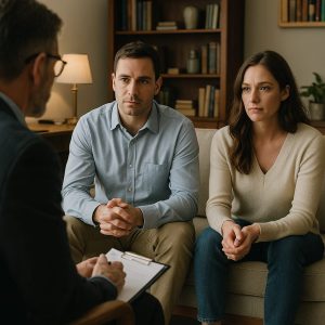 un cuplu heterosexual care sta pe canapea la psiholog pentru terapie de cuplu, pentru infidelitate